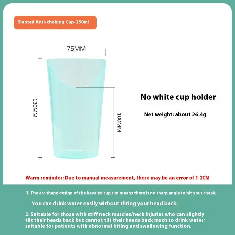 Adult anti-choke care cup with slanted spout, handle and lid in PP material