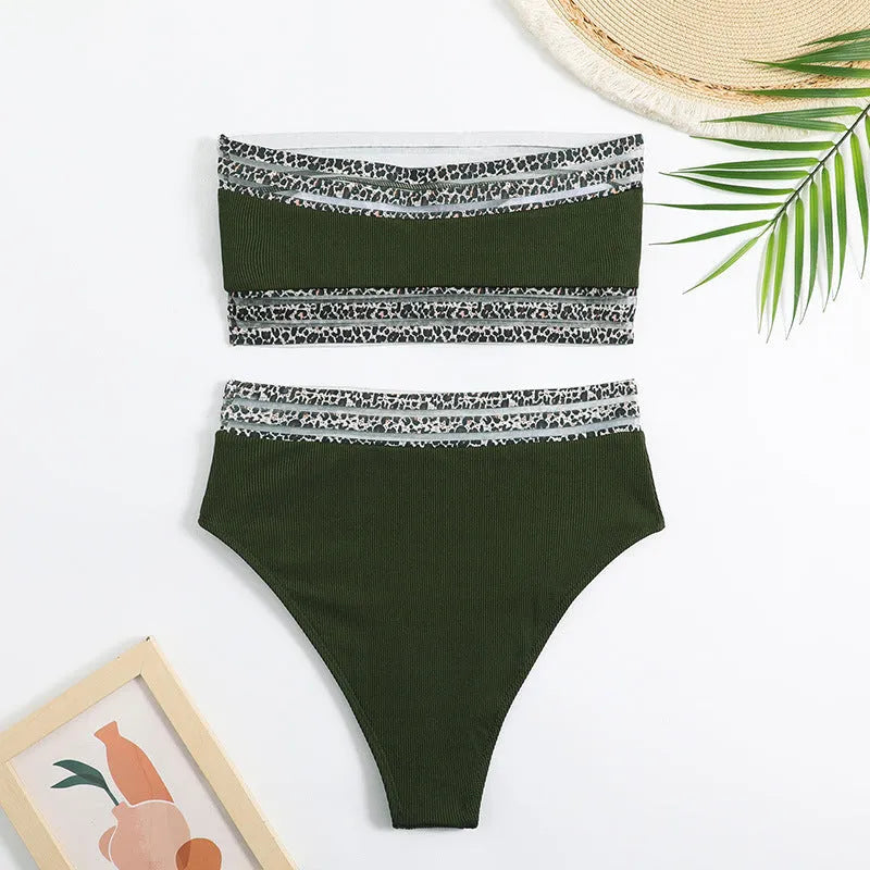 Black strapless swimsuit with leopard print design on quick-dry nylon fabric