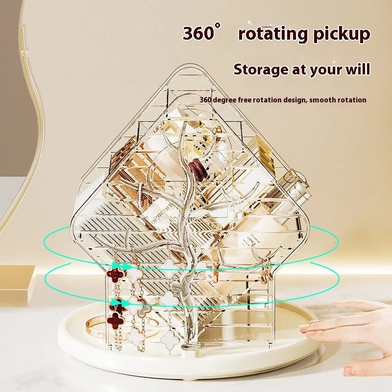 Rotating transparent plastic cosmetics storage box on a countertop.