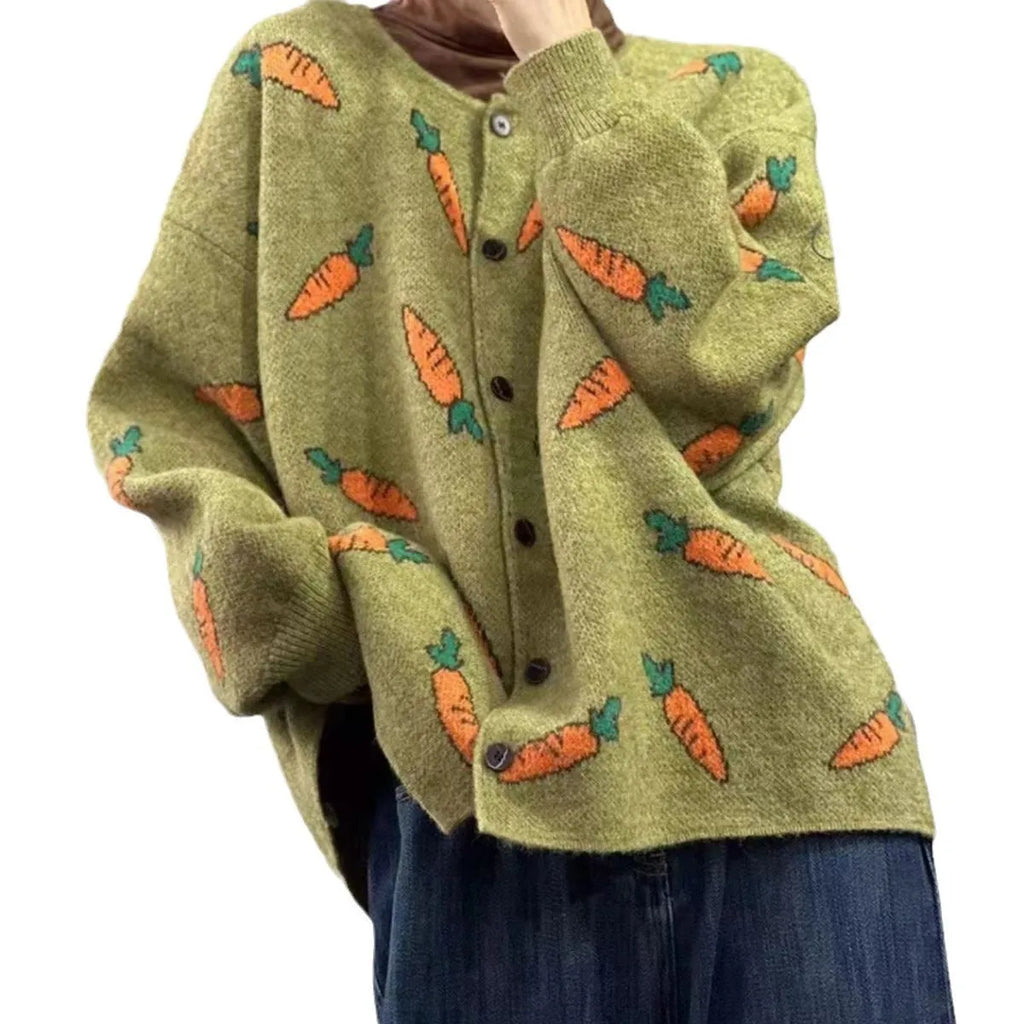 Women's printed loose cardigan sweater in viscose fibre with colour contrast artistic design