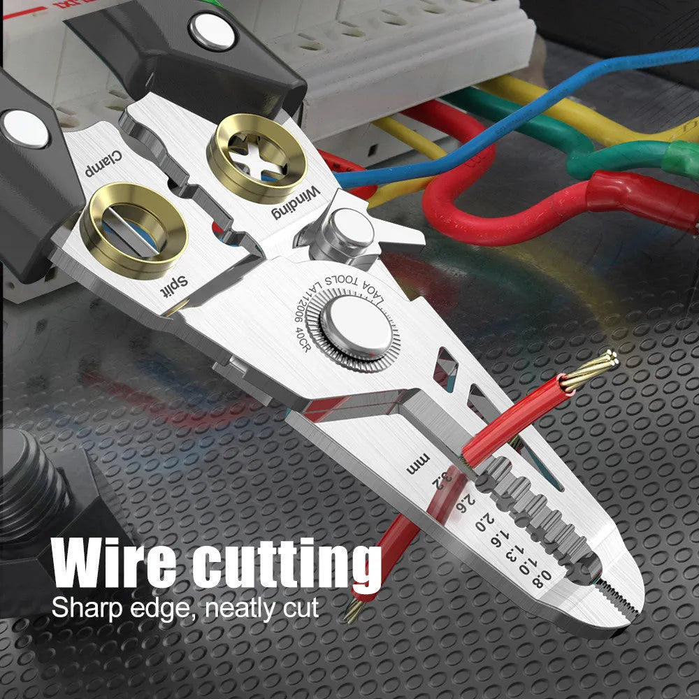 Stainless steel 7-in-1 wire stripper and crimping tool with two-colour handle for 0.8-3.2mm cables.