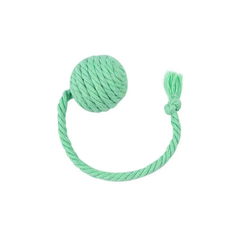 Colourful cat toy ball with rope attachment and internal bell for interactive kitten play