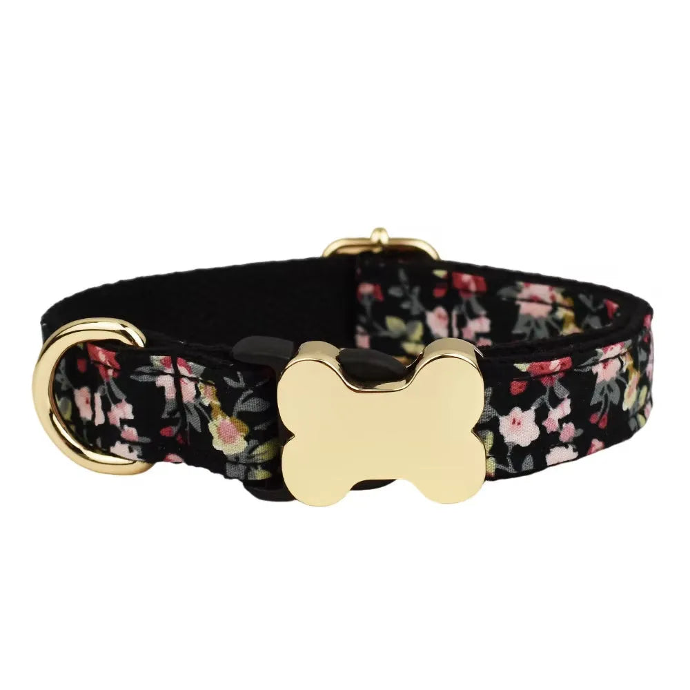 Flat fabric dog collar with printed grid pattern and bone-shaped buckle in multiple colour options