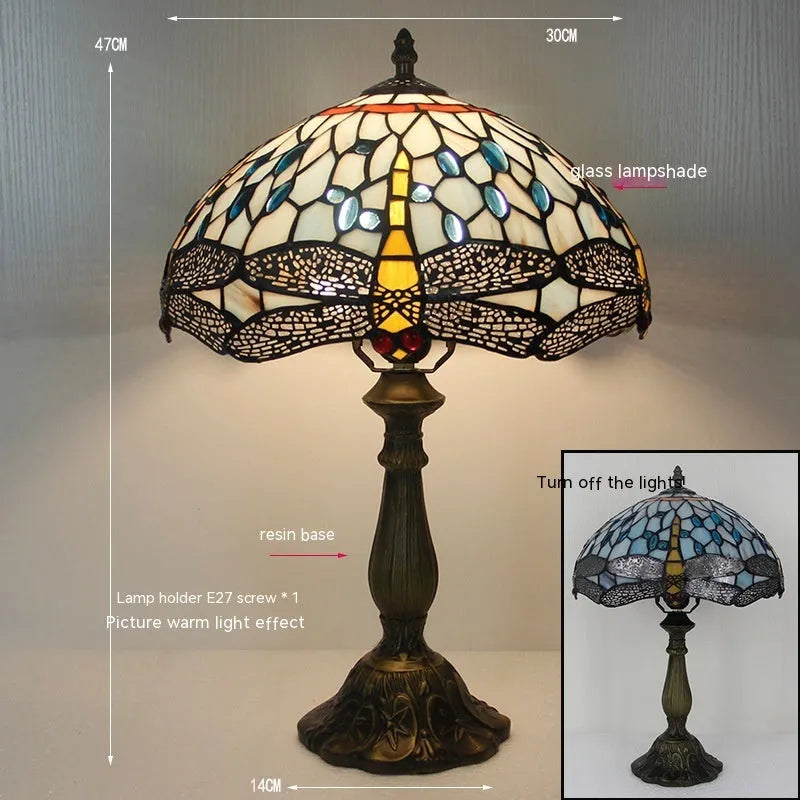 Stone Tiffany-style table lamp with a detailed dragonfly design in multiple colour options.