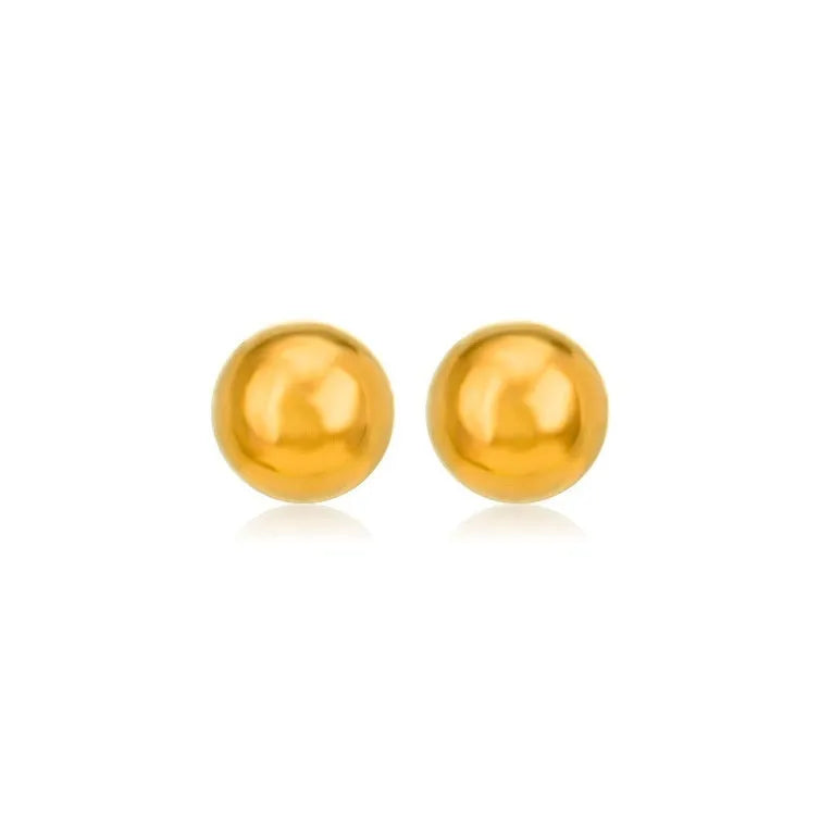 Gold and silver minimalist ball stud earrings in 3mm, 4mm, 5mm, and 6mm sizes on a plain background.