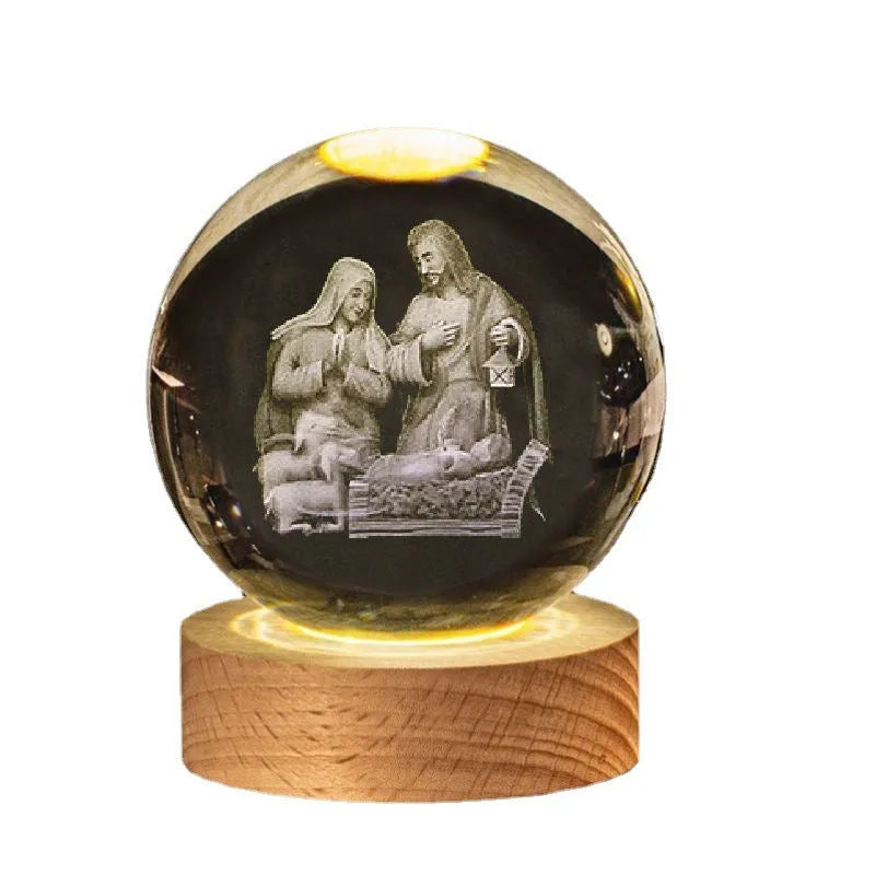 6cm white crystal ball with internal cross design on illuminated solid wood base