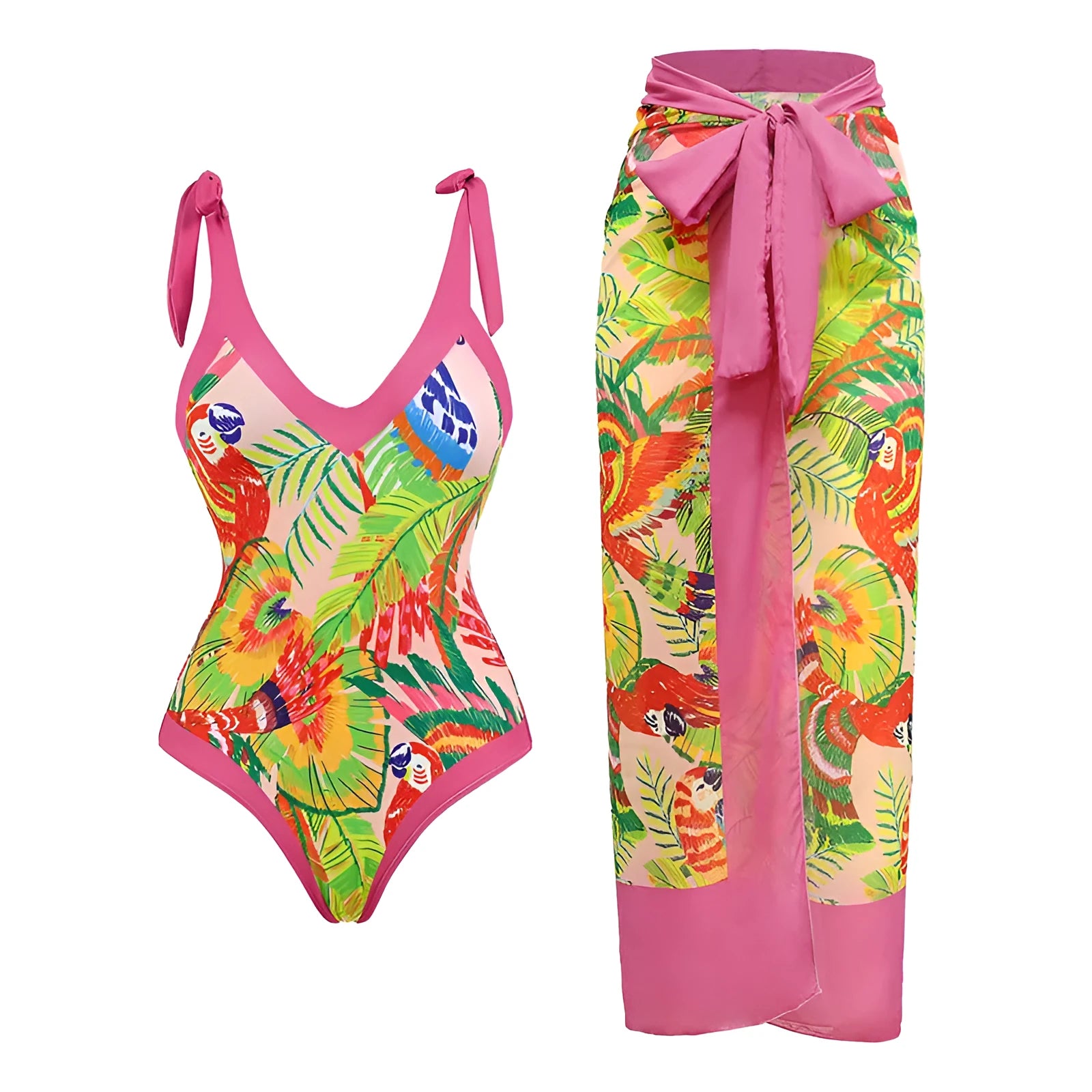 Women's solid colour one-piece swimsuit with thin spaghetti straps and a matching detachable skirt.