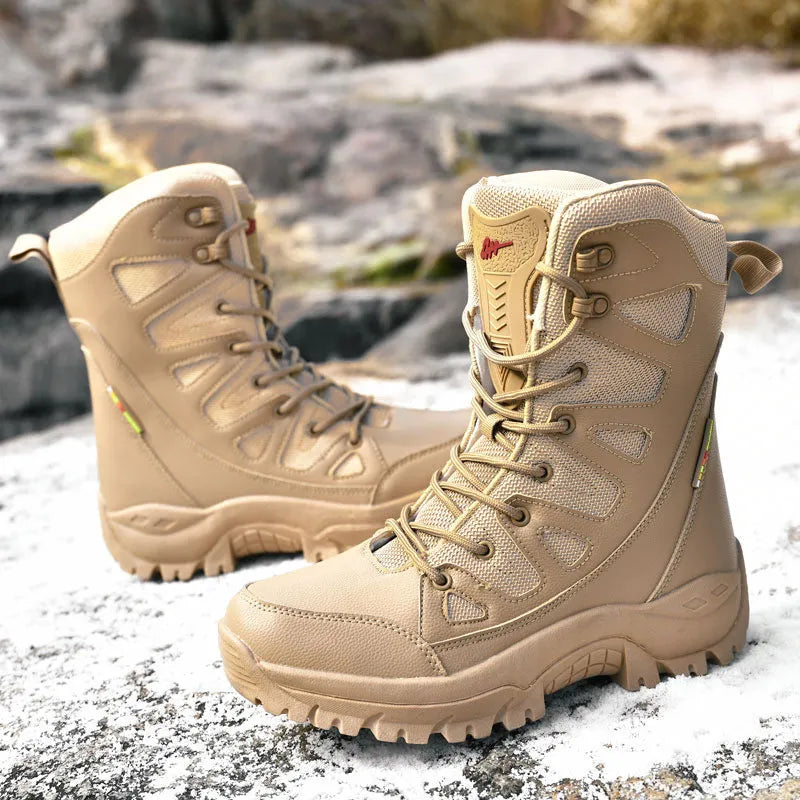Men's beige cowhide leather hi-top hiking shoes with a platform sole on a rocky outdoor trail.