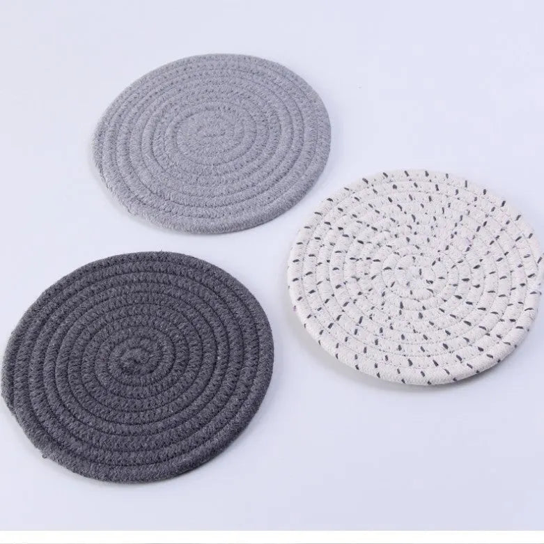 Three round cotton cord coasters in modern simplicity style with 18cm diameter