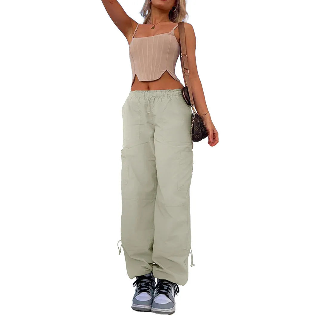 Straight leg multi-bag cargo casual pants in polyester fabric showing loose fit design