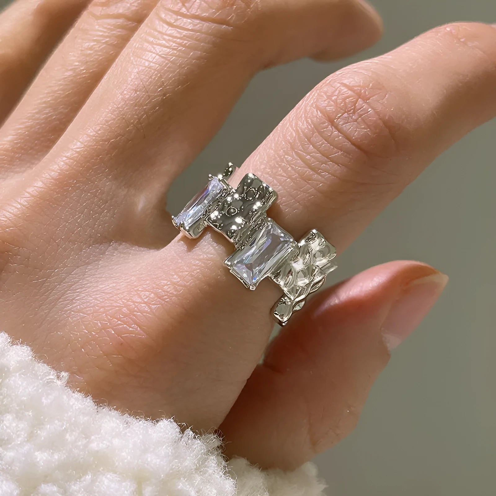 Silver geometric open ring with cross zircon design and retro pastoral styling