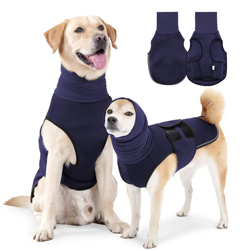 Army green dog anti-anxiety jacket wrapped around medium-sized dog