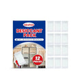 Pack of twelve white calcium chloride desiccant bags for household moisture and odour control.