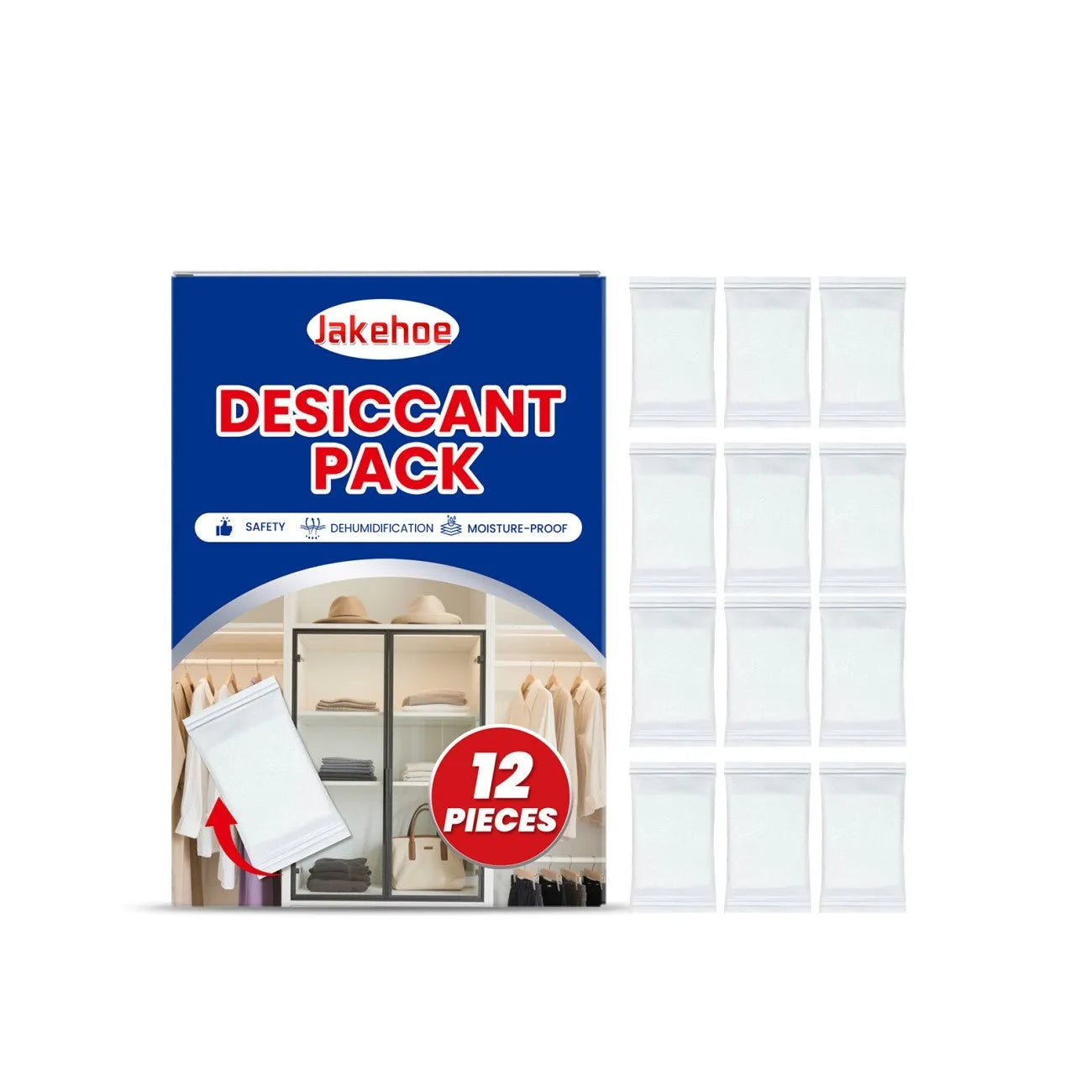 Pack of twelve white calcium chloride desiccant bags for household moisture and odour control.
