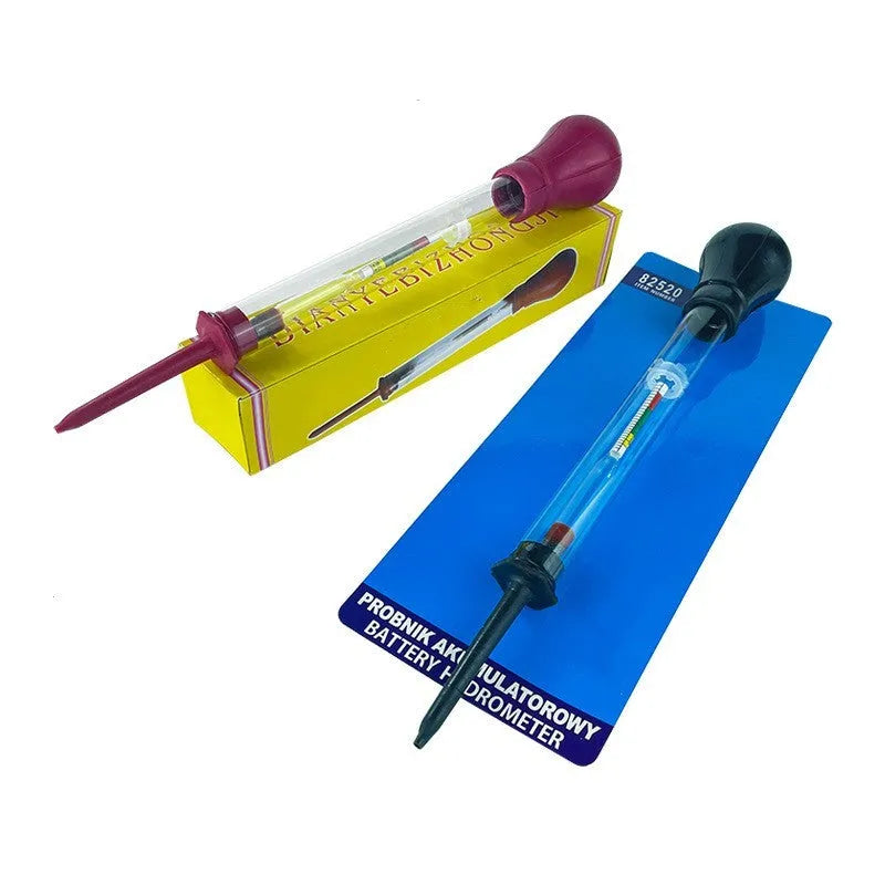 Electrohydraulic hydrometer for automotive battery electrolyte testing with glass construction and suction tube