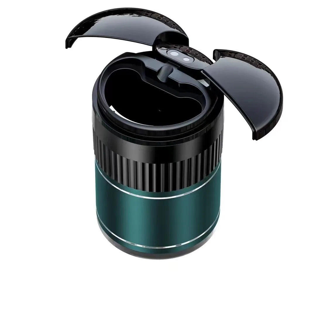 Black metal smart car ashtray with lid, showing compact 113mm size for cup holders.