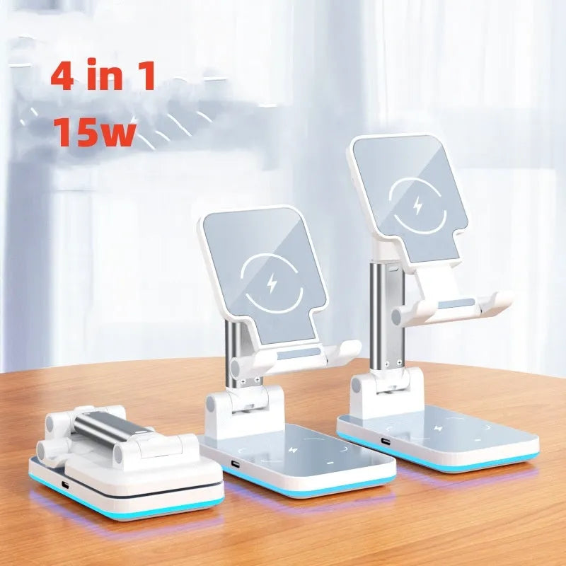 Black desktop wireless charging phone holder stand on a wooden desk