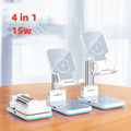 Black desktop wireless charging phone holder stand on a wooden desk