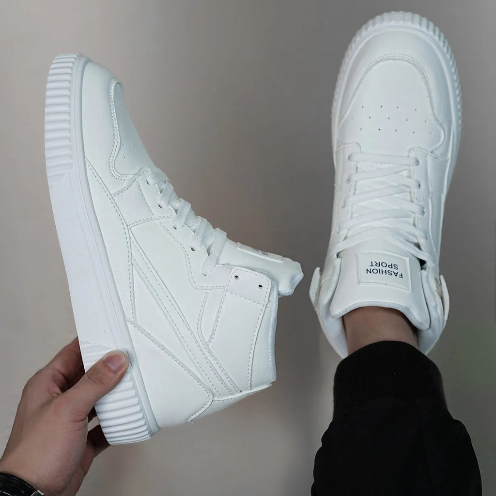 White men's casual shoes with round toe design and microfiber upper material