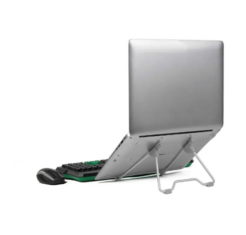 Grey aluminium alloy and engineering plastic stand holding a mobile phone and a laptop on a desk.