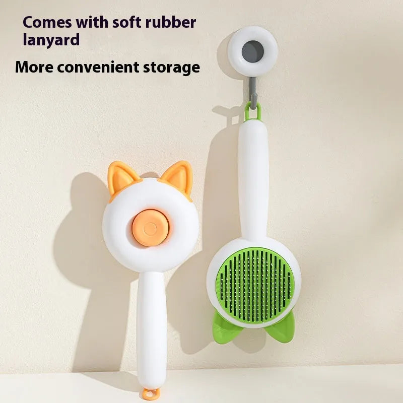 Self-cleaning cat grooming comb with stainless steel teeth and removable brush head in greenish white colour