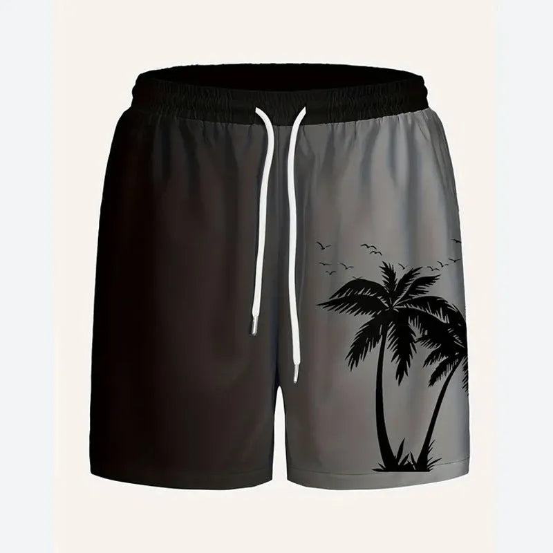 Man wearing loose grey polyester beach shorts, showing fit and style for summer leisure.
