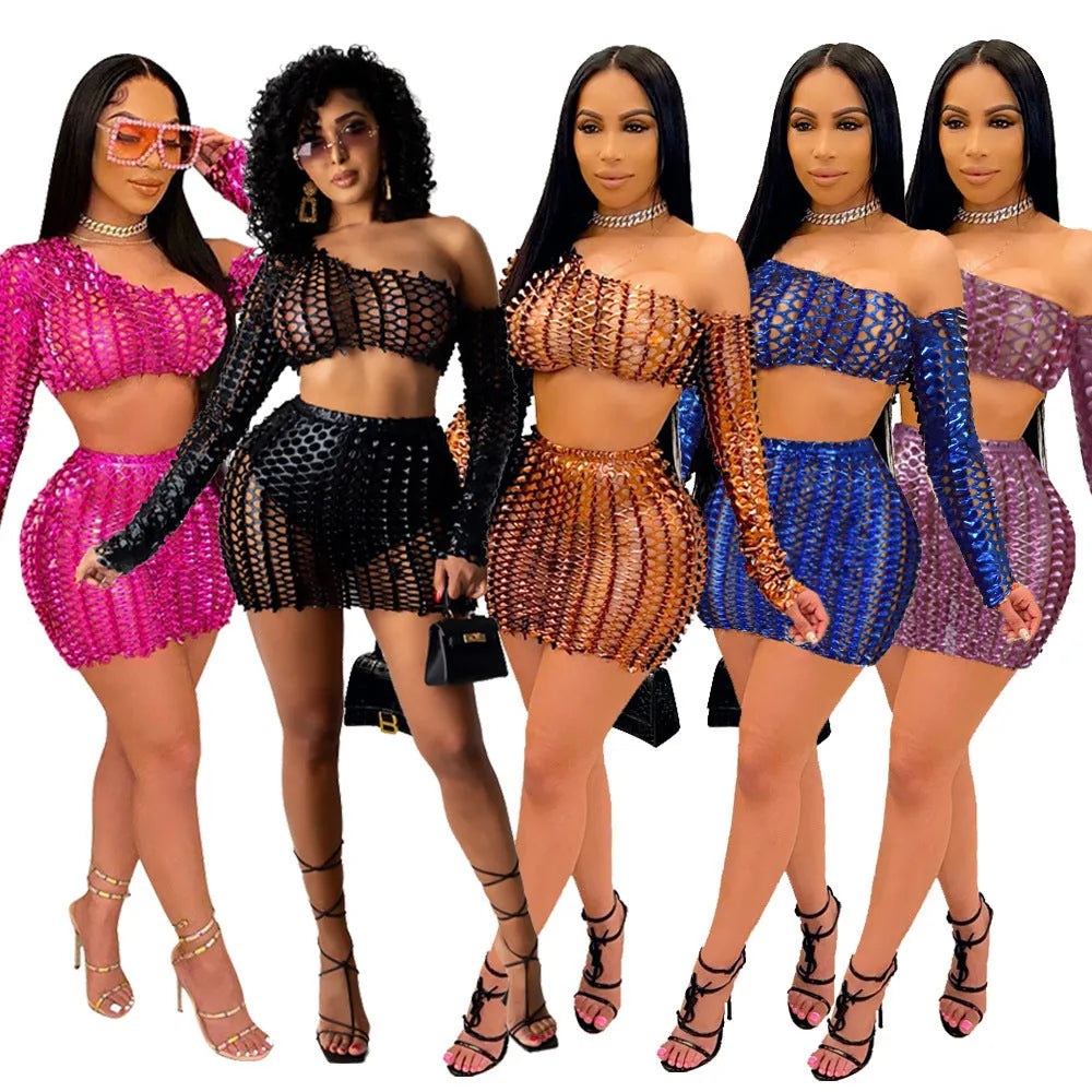 Women's hollow-out two-piece dress set with net hole detailing in four colours