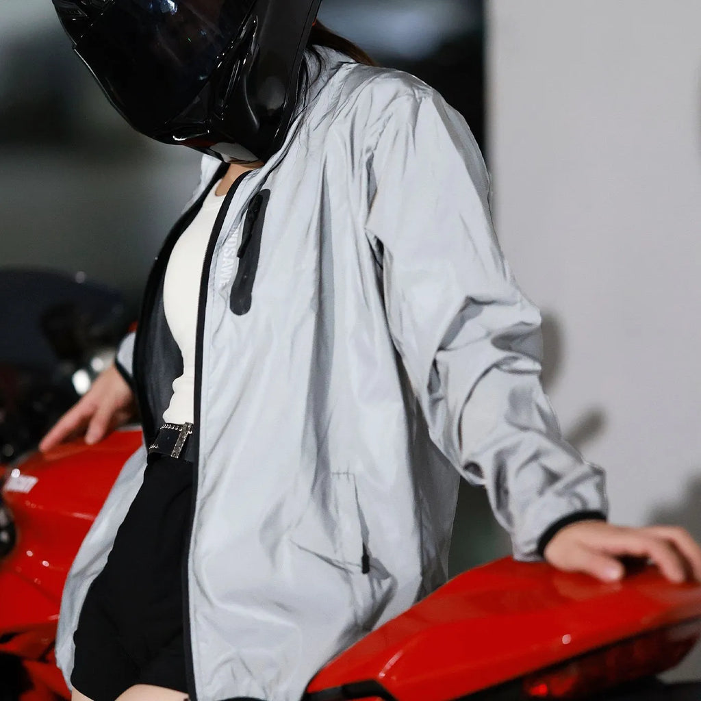 Silver waterproof polyester long sleeve coat showing windproof features and European sizing options