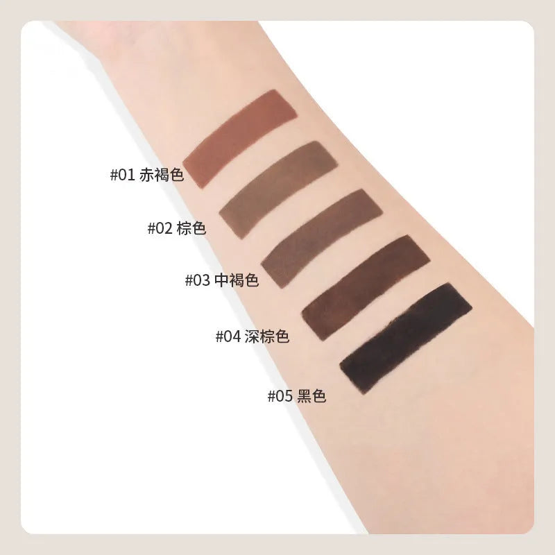 Double-headed eyebrow cream tube shown next to swatches of its five colours: reddish brown, brown, light brown, dark brown, and black.