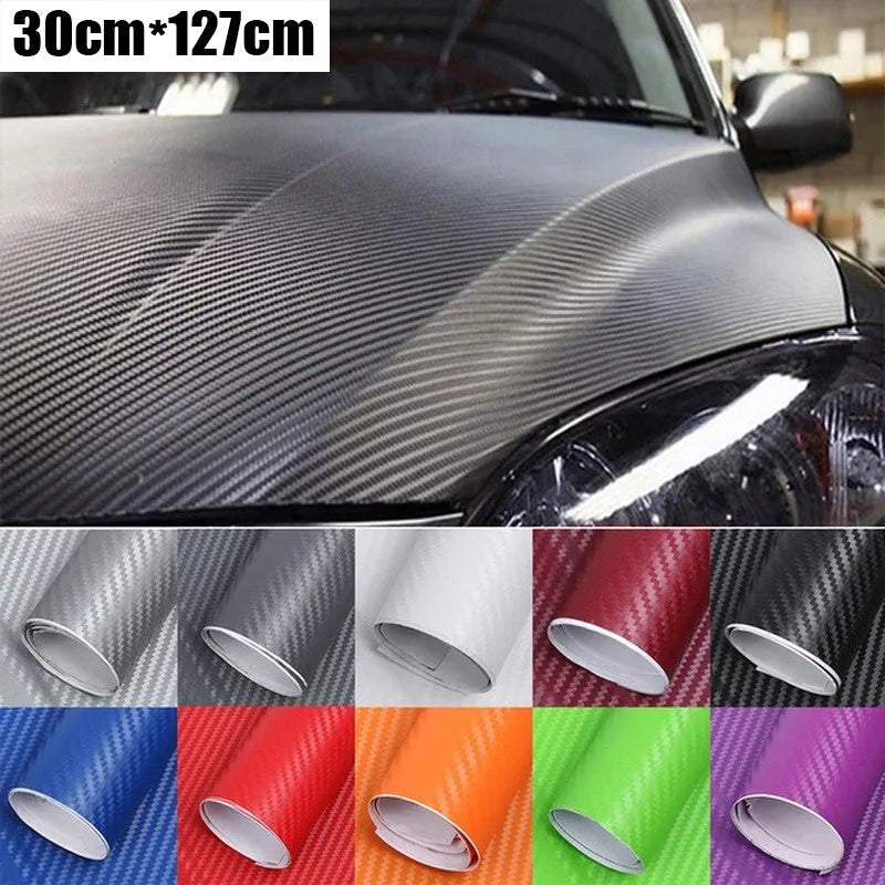 3D carbon fibre car stickers in eight colours including black, silver, blue on 30x127cm sheet