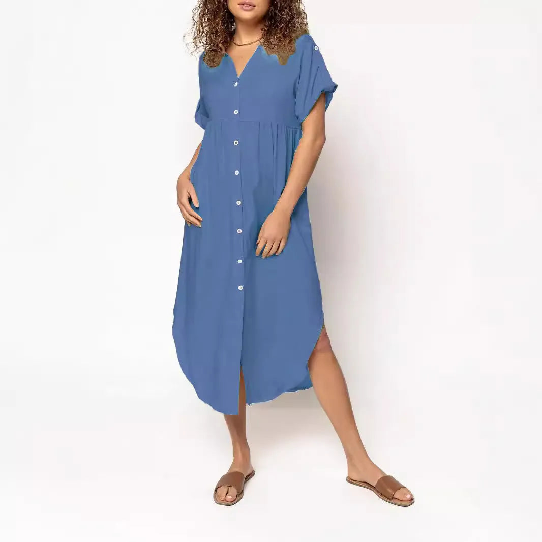 Loose casual mid-length dress with button-front design in solid colours