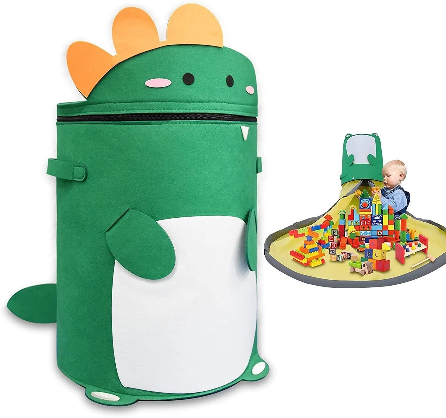 Green felt cube storage bag with pull rope laid flat as play mat for toy organisation
