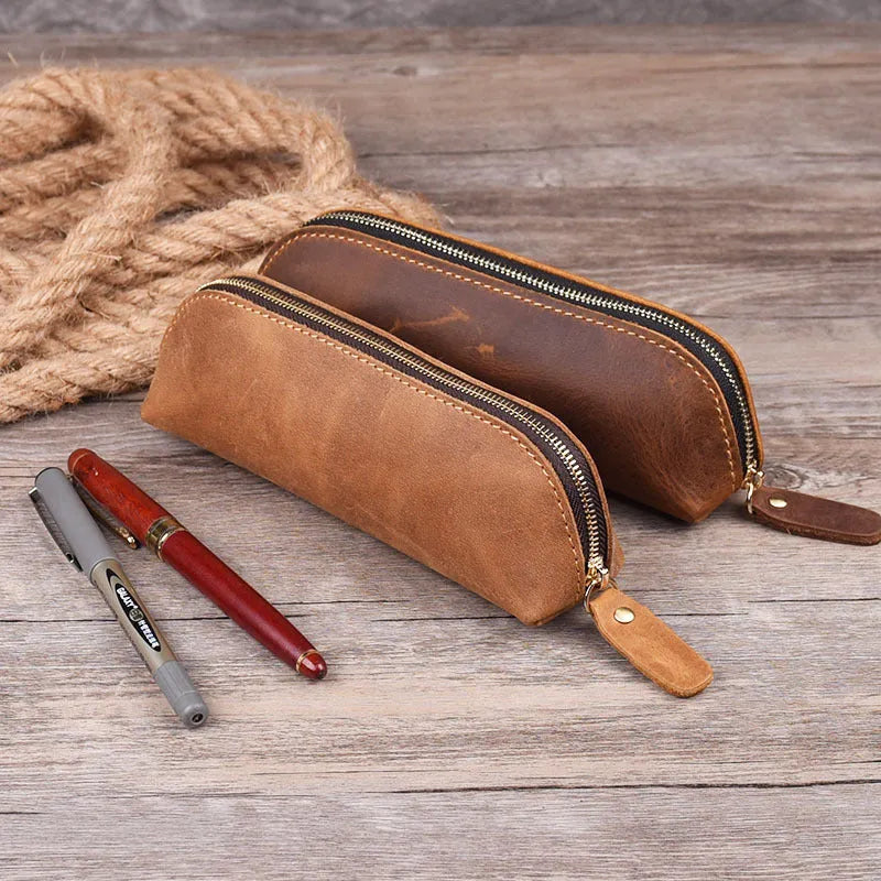 Handmade genuine cowhide leather pencil case in square design with zipper, showing brown colour option