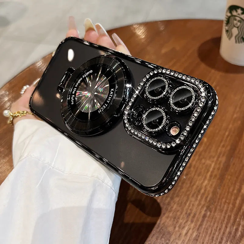 Magnetic bracket rhinestone phone case for Apple iPhone with transparent silicone and decorative rhinestones