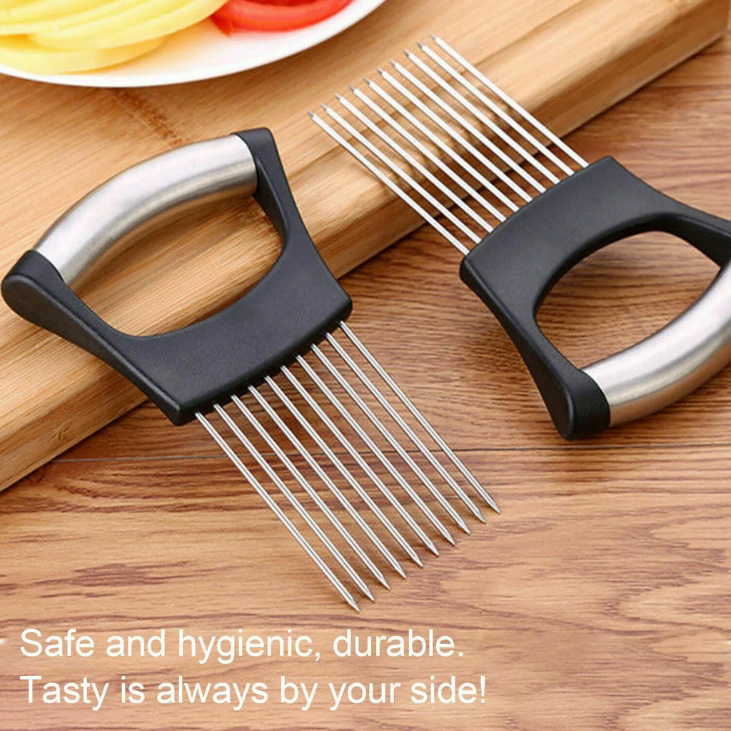 Stainless steel and ABS plastic food slice assistant for holding onions and tomatoes during cutting