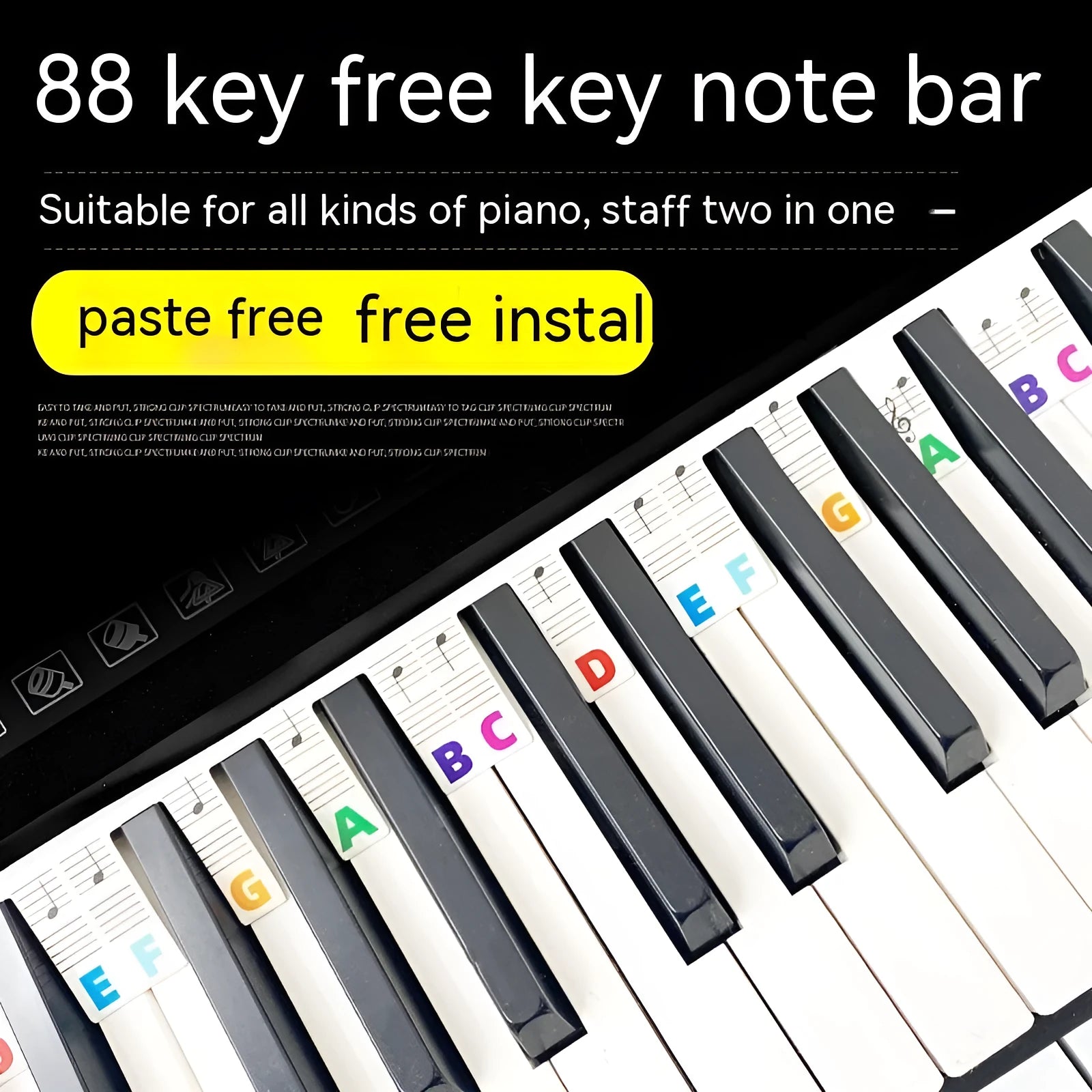 Piano keyboard stickers with colour note bars and black notes for 88-key learning on white card