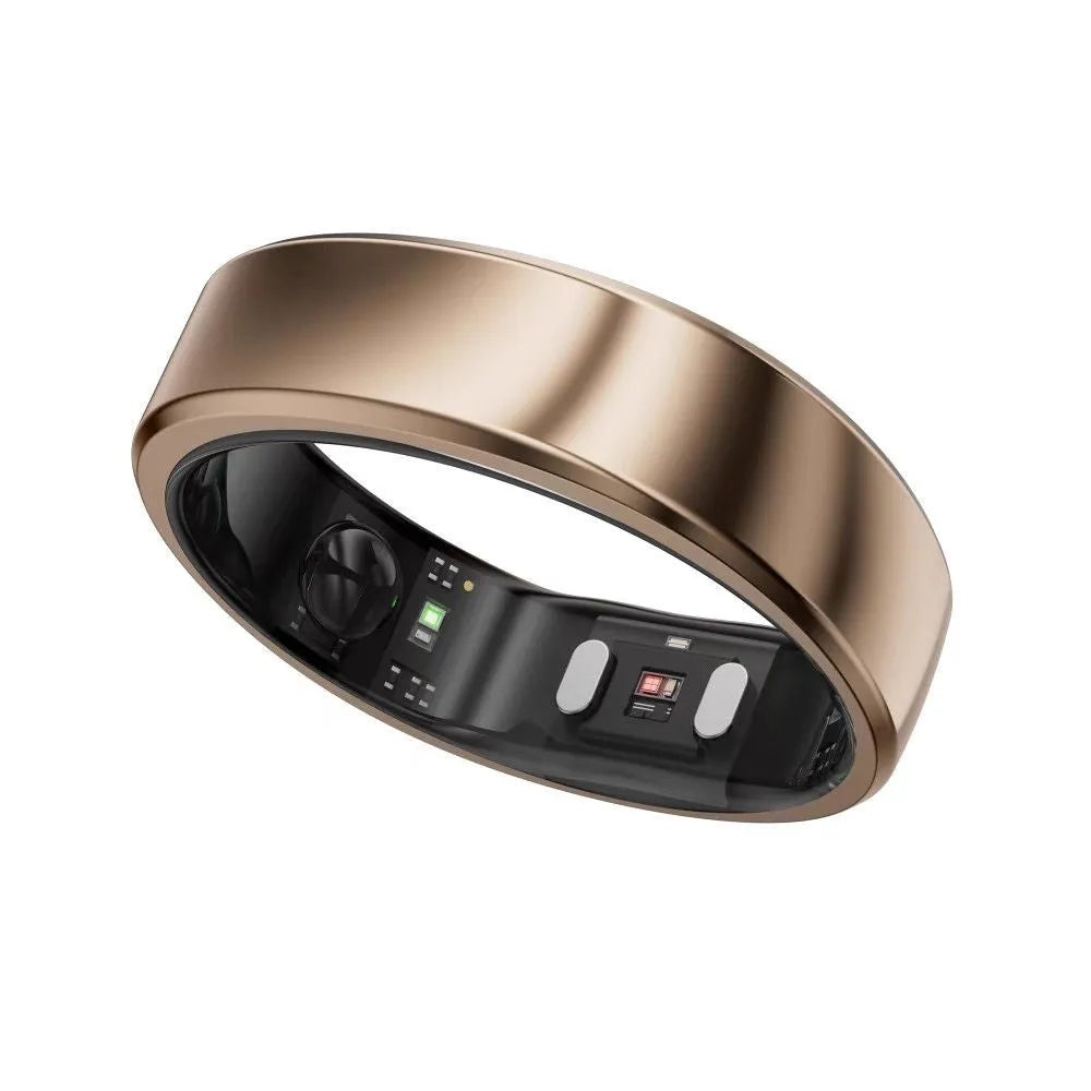 Multifunctional Bluetooth smart AI ring with heart rate monitor, touch control, IPS screen, in black, silver, or gold, sizes 7-13.