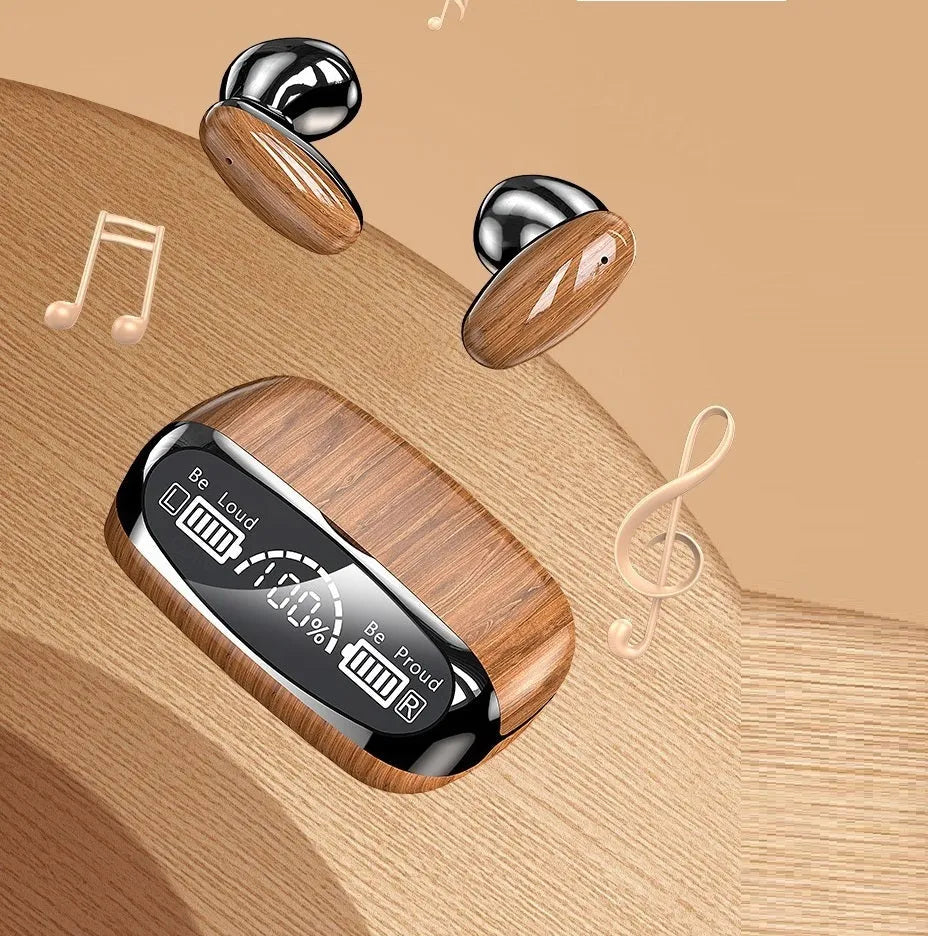 M35 wood grain finish True Wireless Stereo Bluetooth earphones and charging case on a table.