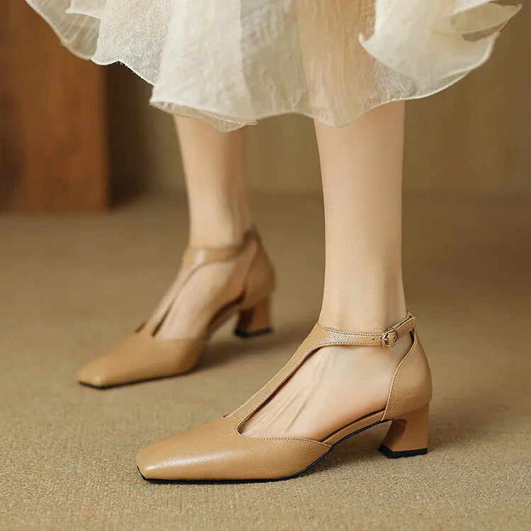 Wine red women's square toe chunky heel shoes with a buckle closure, made from sheepskin leather.