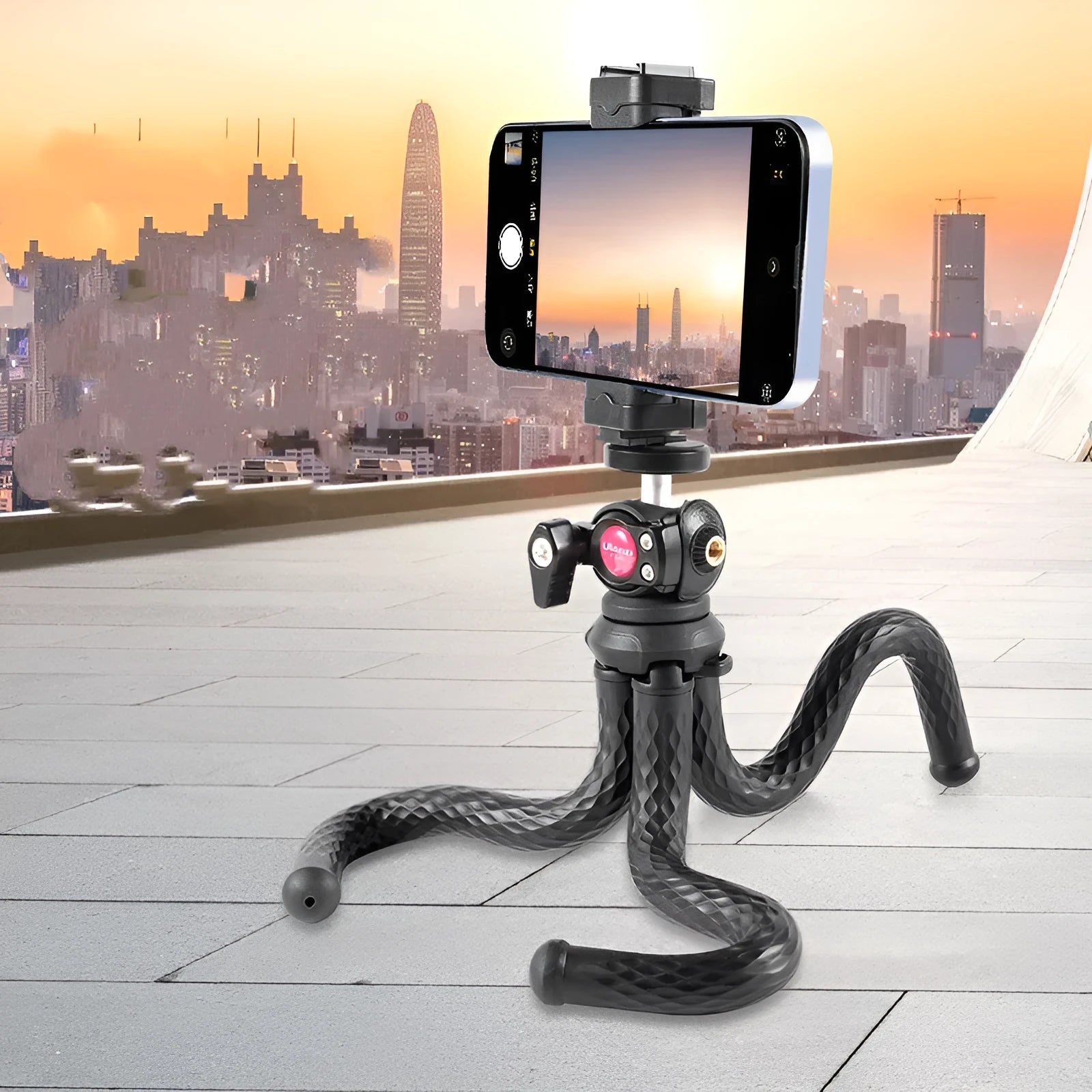 Black octopus-style flexible tripod with phone clip extended to 360mm length