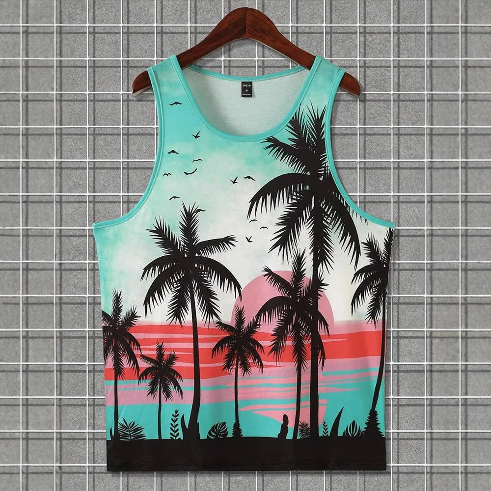 Men's 3D printed sleeveless vest T-shirt in Hawaiian style solid colour design