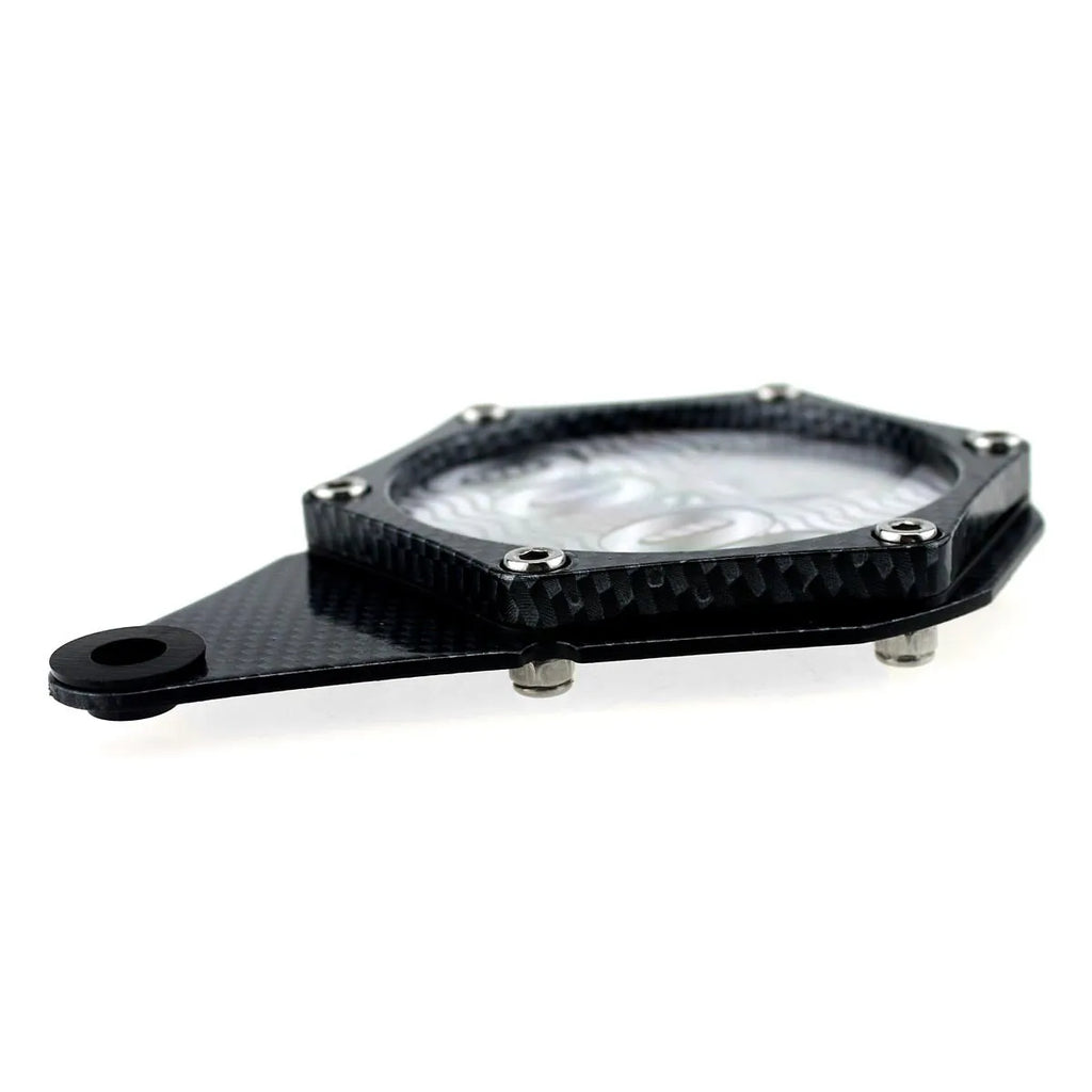 Black carbon fibre pattern motorcycle tax seal with metal alloy construction and six-corner screw