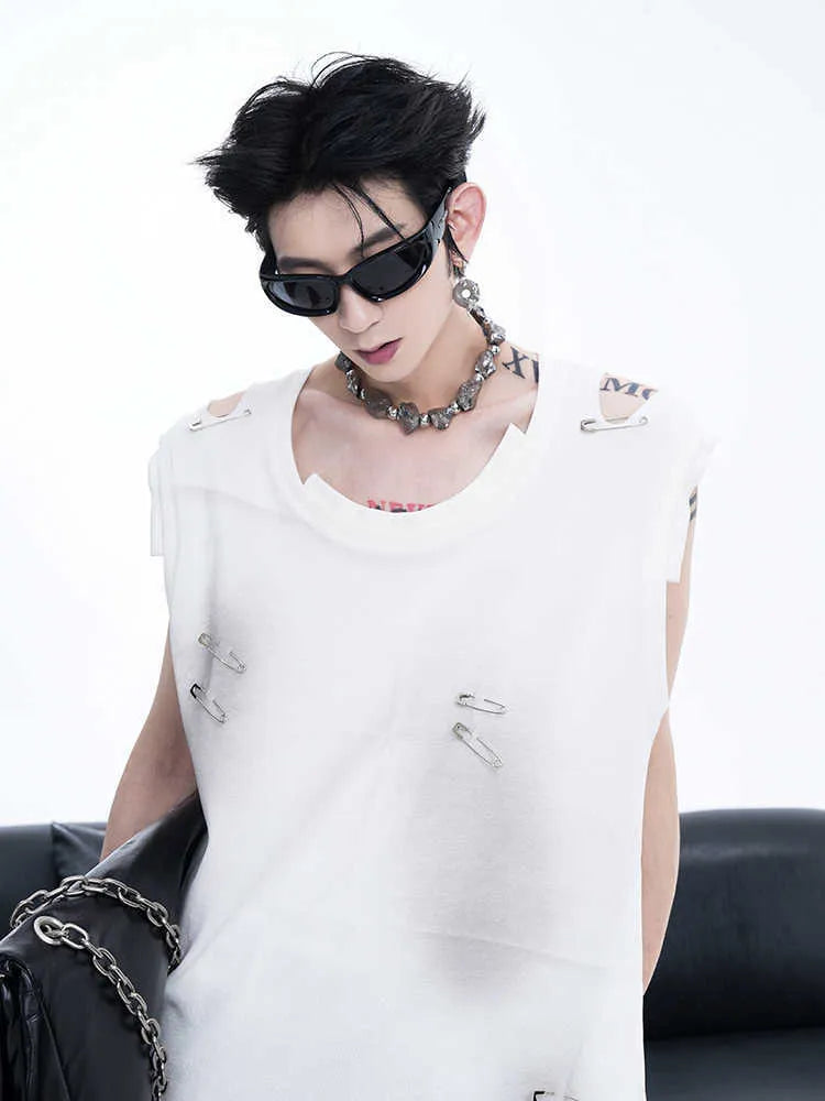 Men's black waistcoat vest with ripped irregular cutting piece design and round neck collar