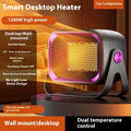 Compact grey PTC ceramic desktop heater with rotatable body on a wooden desk