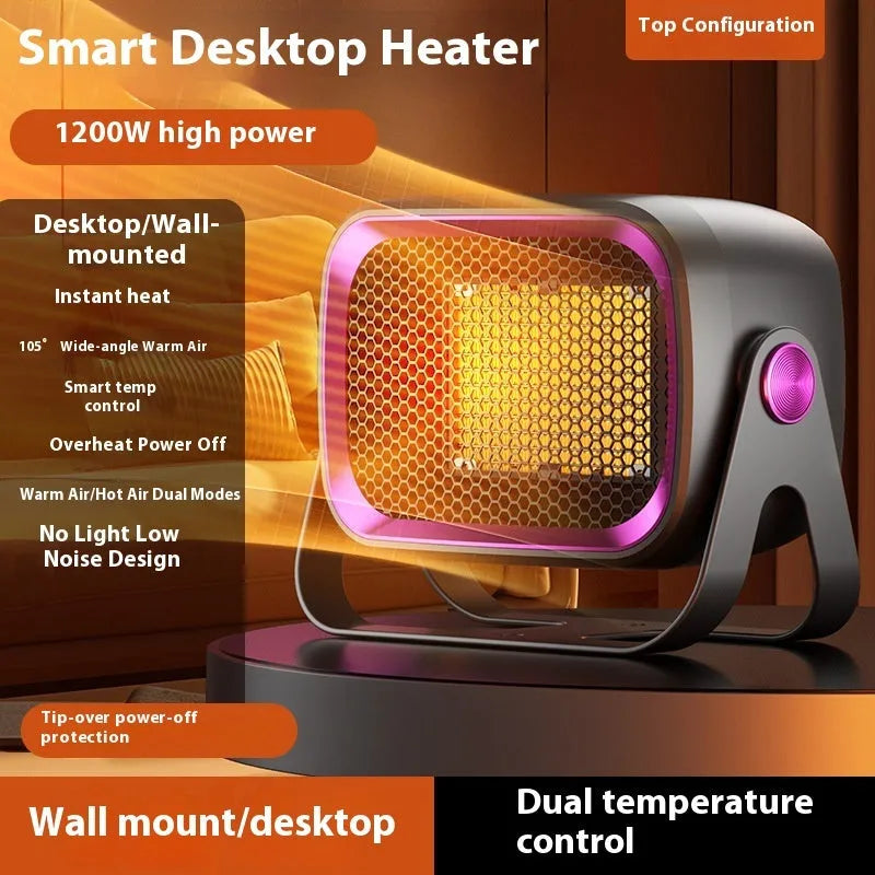 Compact grey PTC ceramic desktop heater with rotatable body on a wooden desk