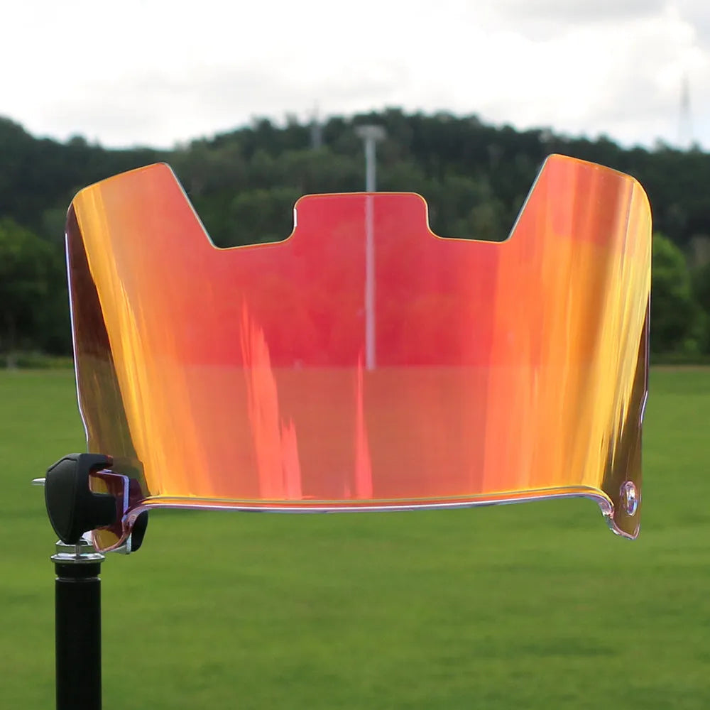 Multicolour American-style rugby helmet goggles shown attached to a helmet for impact protection.