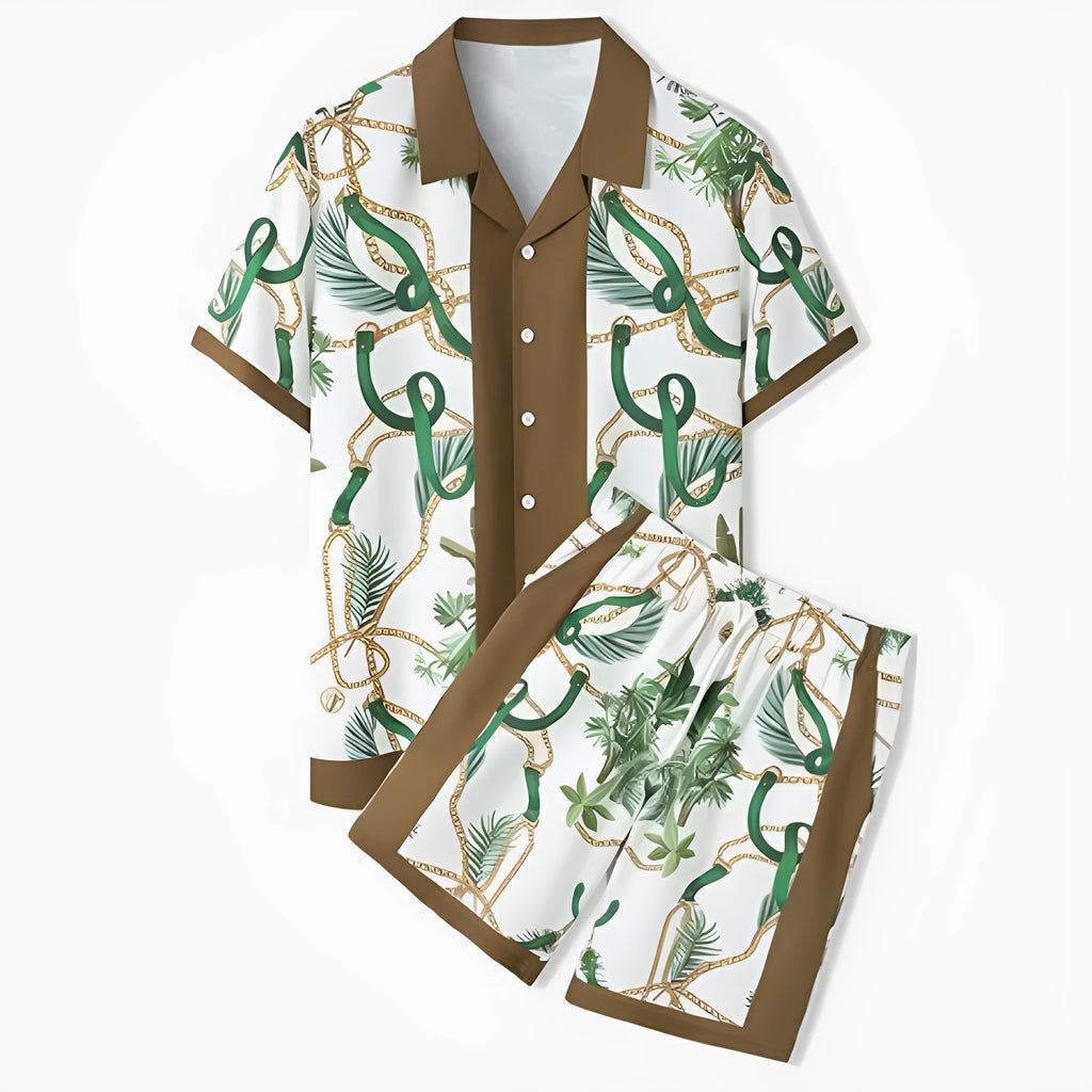 Men's and women's plaid print beach shirt and trouser casual outfit set on a hanger.