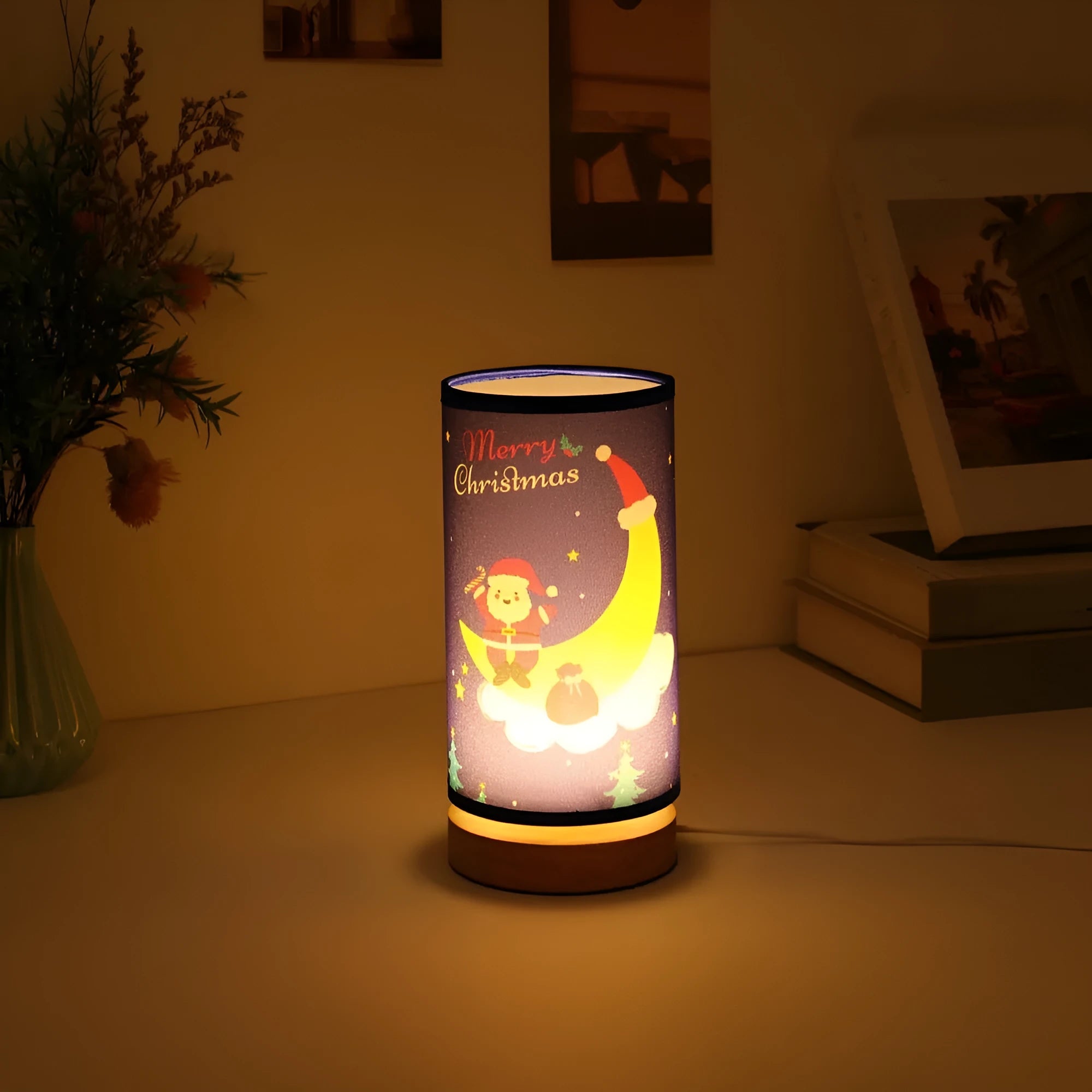 Moon Santa Claus LED night light with USB plug and bamboo lamp holder