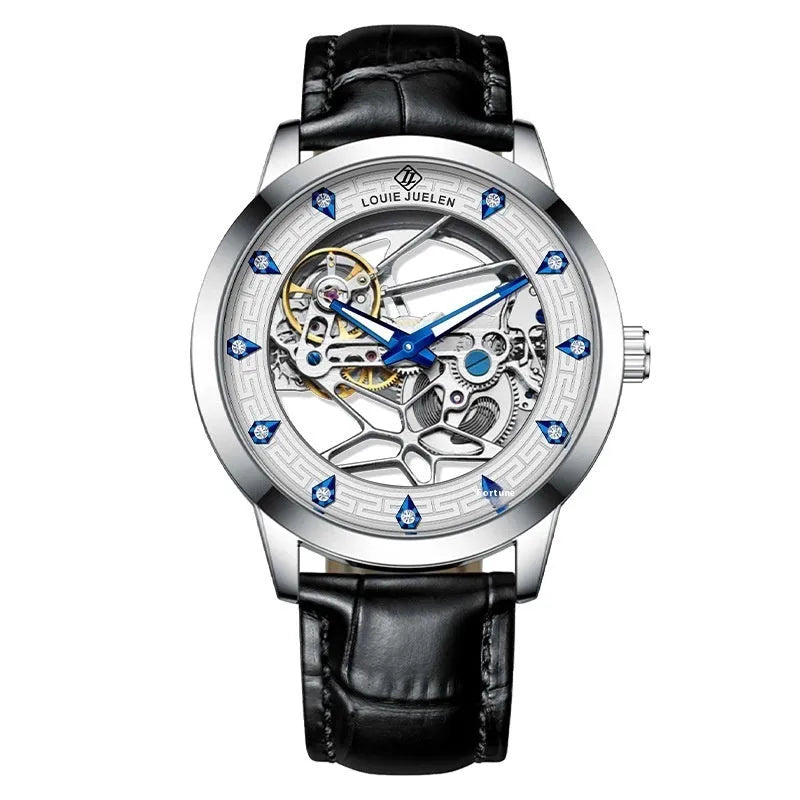 Men's silver case mechanical watch with white dial, blue luminous hands, and black genuine leather strap