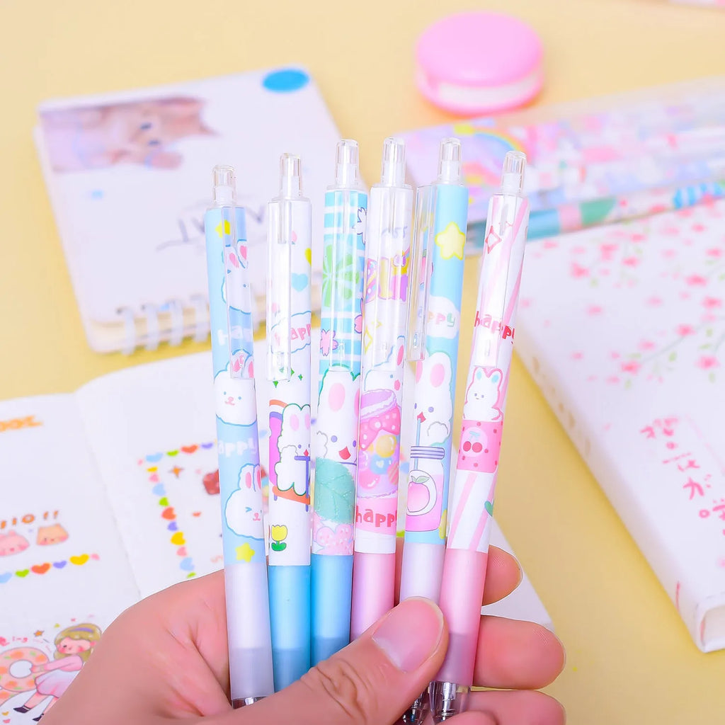 Six cartoon bunny design pens with 0.5mm black ink in plastic barrels
